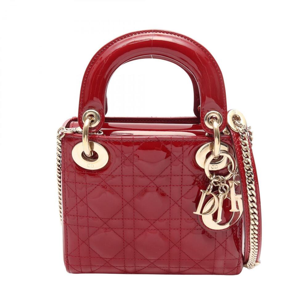 Christian Dior Lady Cannage Handbag Patent Vernis Leather Red